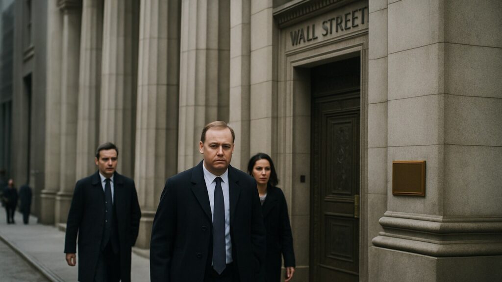 Klassieke gevel van een financieel instituut in Wall Street met zuilen en zakenmensen bij de ingang