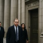 Klassieke gevel van een financieel instituut in Wall Street met zuilen en zakenmensen bij de ingang