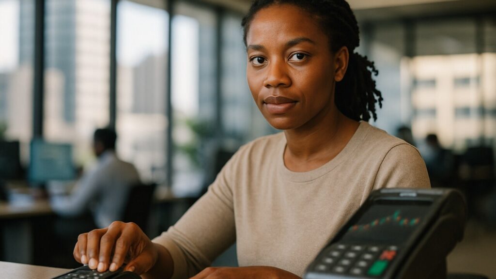 Medewerker in een fintech-kantoor bij een betaalterminal met een zichtbaar Visa-logo