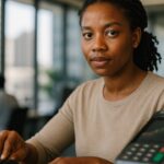 Medewerker in een fintech-kantoor bij een betaalterminal met een zichtbaar Visa-logo