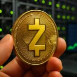 Een fysieke Zcash-munt met het herkenbare Z-logo voor een rij minende ASIC-machines, met een groene stijgende koersgrafiek op een scherm