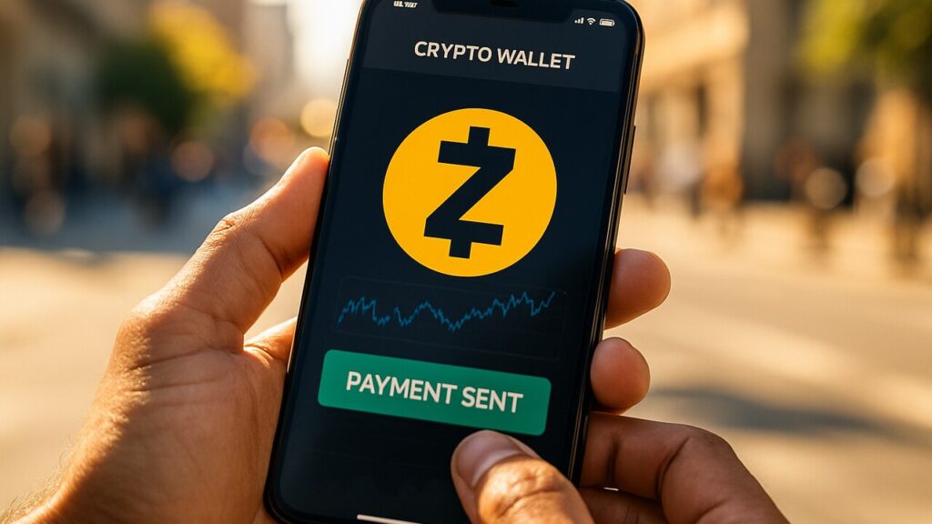 Hand houdt smartphone vast met Zcash-wallet die razendsnel een privé-betaling bevestigt