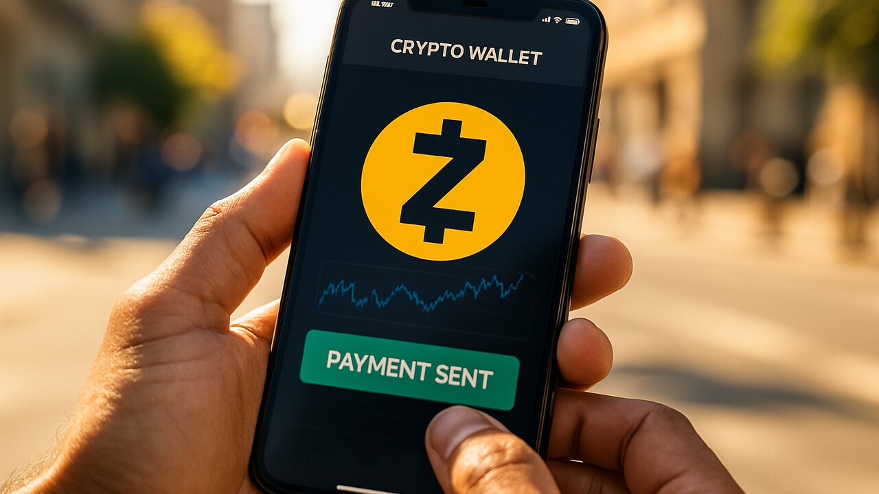 Hand houdt smartphone vast met Zcash-wallet die razendsnel een privé-betaling bevestigt