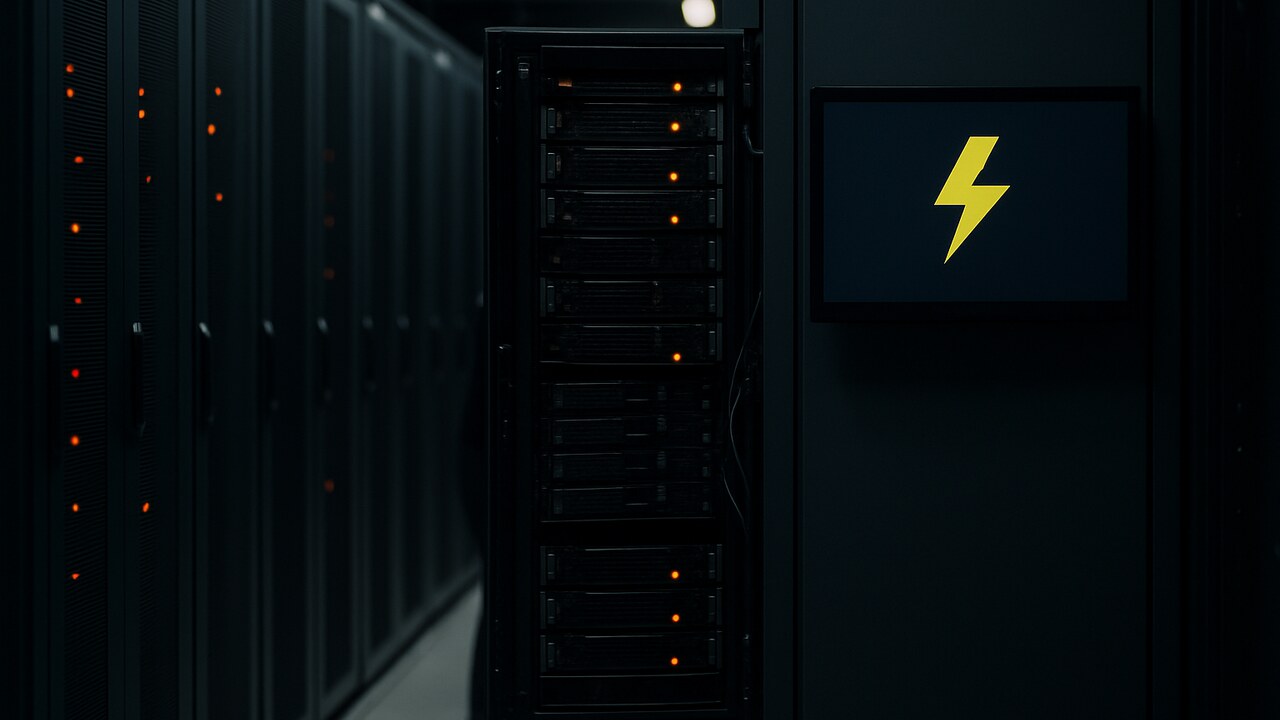 Serverruimte met deels uitgeschakelde racks en een monitor met het Zeus-logo tijdens een beveiligingsincident