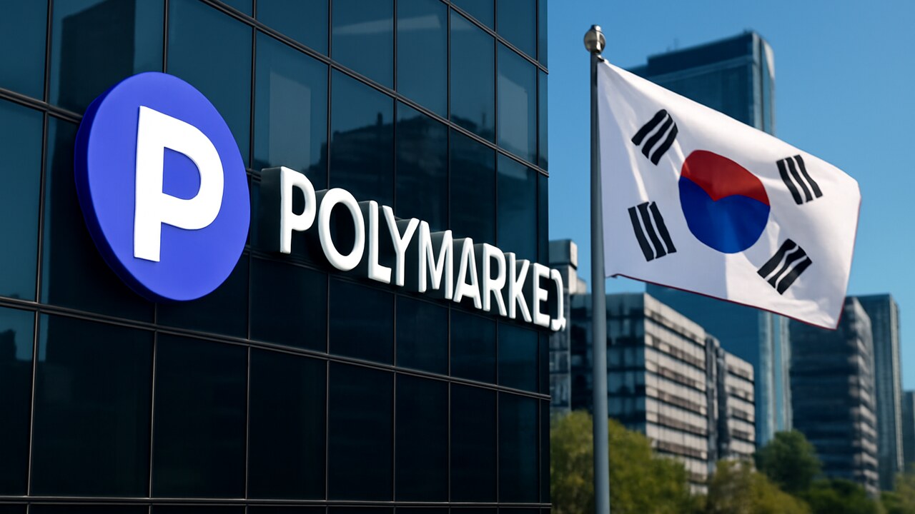Polymarket-logo op een kantoorgebouw in Seoul met een Zuid-Koreaanse vlag ernaast