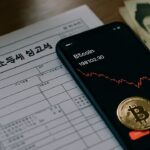 Belastingformulier en smartphone met dalende crypto-grafiek en Koreaanse won op een bureau in Zuid-Korea