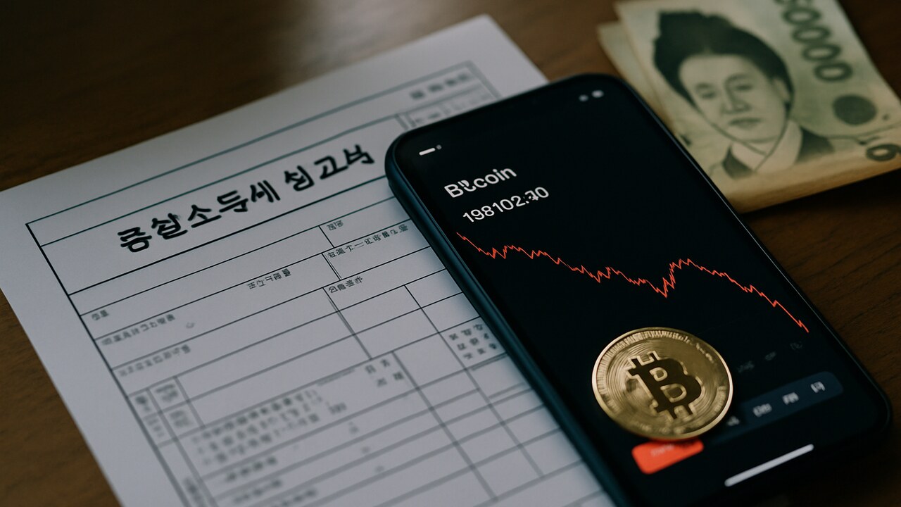 Belastingformulier en smartphone met dalende crypto-grafiek en Koreaanse won op een bureau in Zuid-Korea