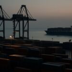 Containerhaven in Busan bij schemering met kranen en een vertrekkend vrachtschip als beeld van geld dat Zuid-Korea verlaat