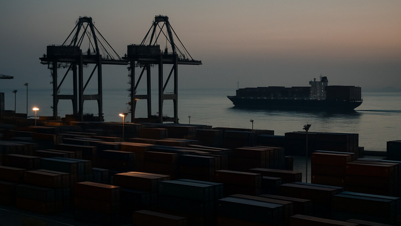 Containerhaven in Busan bij schemering met kranen en een vertrekkend vrachtschip als beeld van geld dat Zuid-Korea verlaat