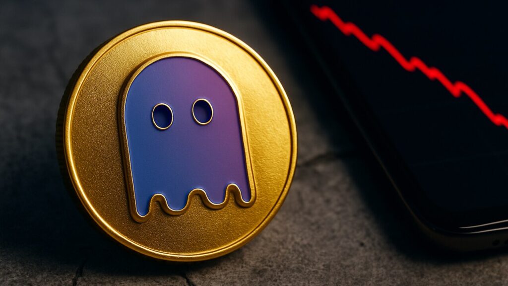 Aave-token met het herkenbare logo op een gebarsten ondergrond, met een dalende rode lijn op een telefoonscherm