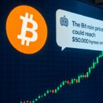 Beeldscherm met een stijgende Bitcoin-grafiek en het oranje Bitcoin-logo naast een AI-chatgesprek over de koersvoorspelling