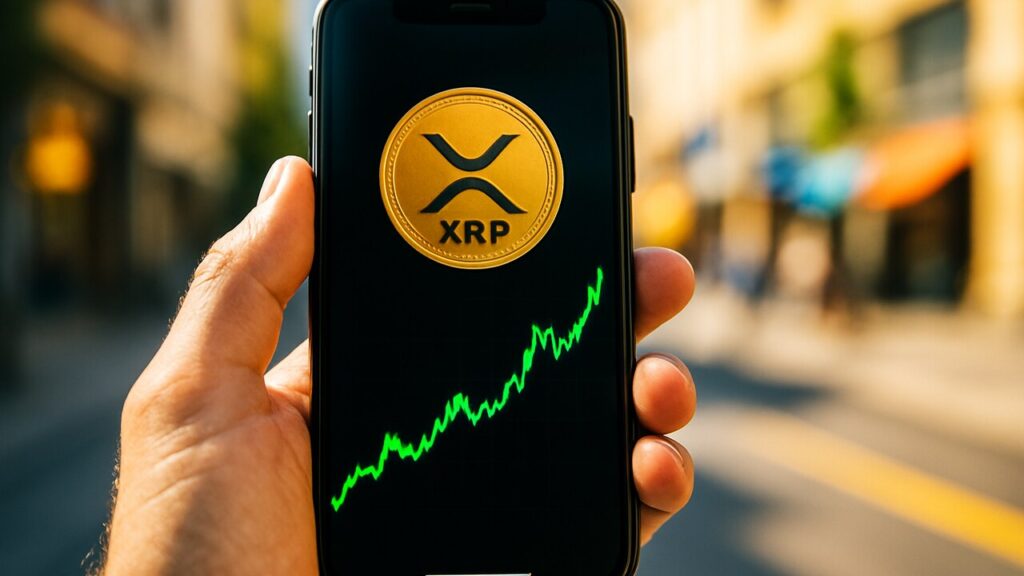 Smartphone met het XRP-logo en een groene koersgrafiek in een hand op straat