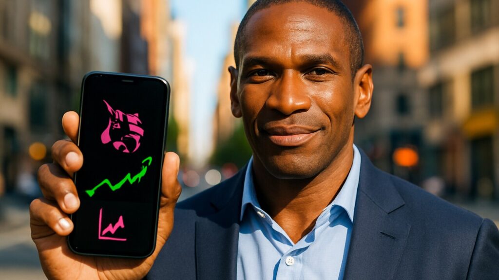 Arthur Hayes met een telefoon waarop een stijgende Uniswap koers en het roze UNI-logo te zien zijn