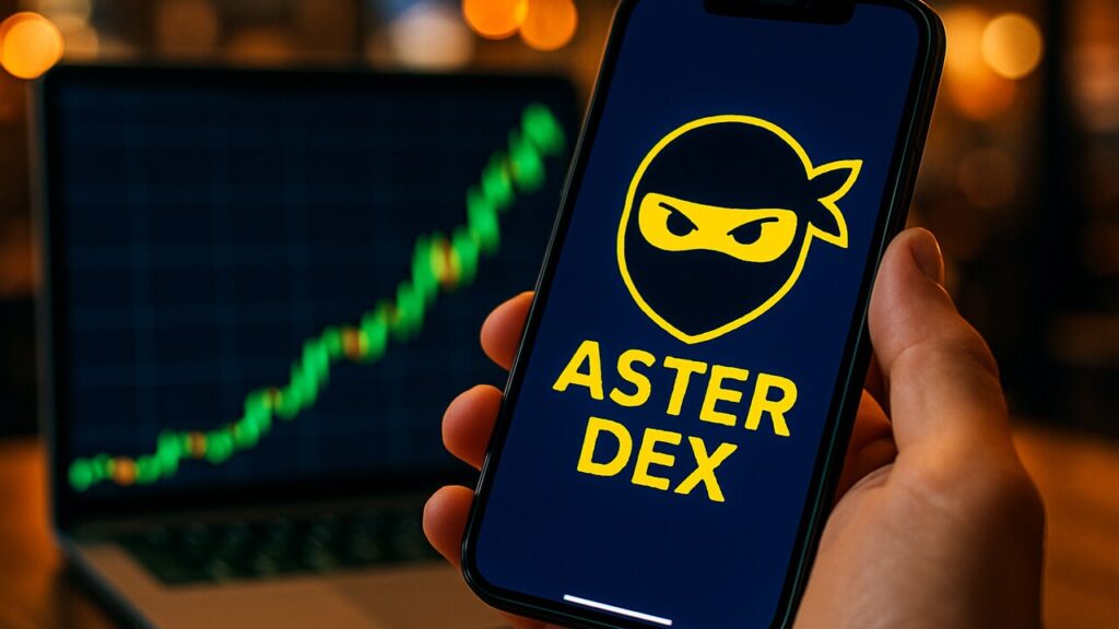 Smartphone toont het Aster DEX-logo met op de achtergrond een stijgende groene grafiek