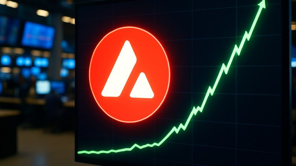 Het rode Avalanche AVAX-logo naast een stijgende groene koersgrafiek op een beursscherm