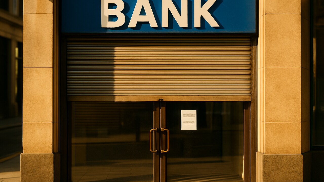 Halfdicht rolluik voor de ingang van een bankfiliaal, symbool voor beperkte toegang tot een banksaldo