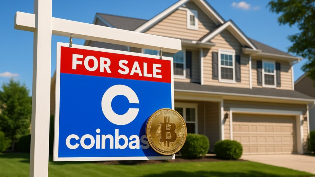 Amerikaans woonhuis met te-koop-bord met Coinbase-logo en een fysieke Bitcoin-munt