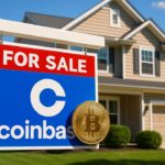 Amerikaans woonhuis met te-koop-bord met Coinbase-logo en een fysieke Bitcoin-munt
