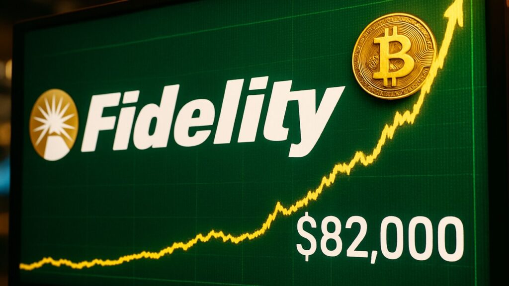 Fidelity-logo op een groen beursscherm met een stijgende bitcoingrafiek richting 82.000 dollar