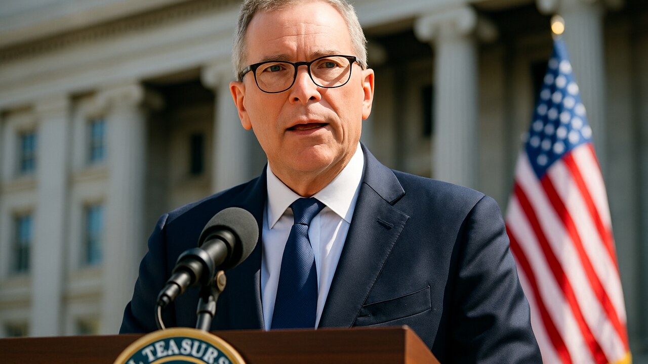 Scott Bessent spreekt bij een persmoment voor het Amerikaanse ministerie van Financiën