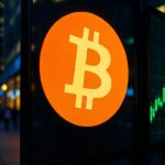 Groot Bitcoin-logo op een handelsscherm met een stijgende groene koersgrafiek ernaast