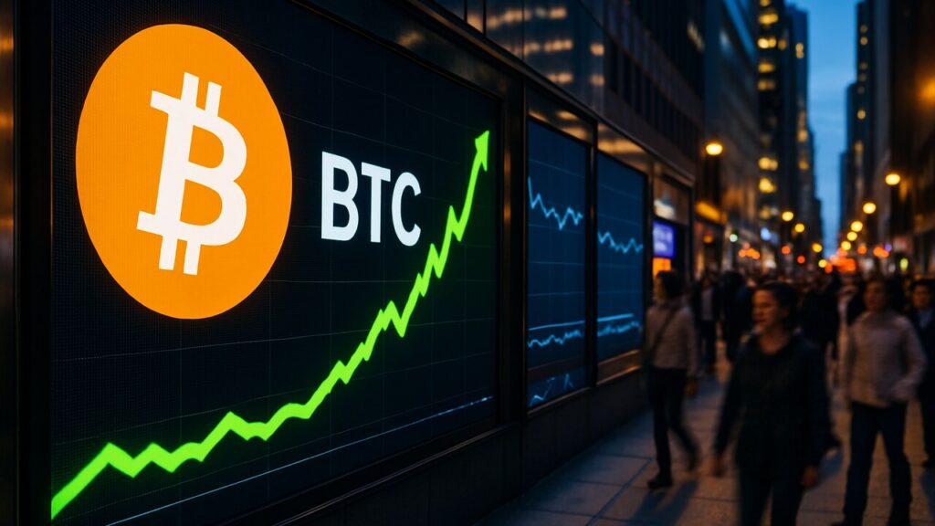 Groot digitaal beursscherm op straat met een stijgende groene Bitcoin-grafiek en het oranje Bitcoin-logo, terwijl kleinere altcoin-panelen gedempt zijn.