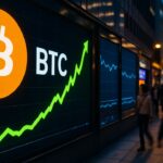 Groot digitaal beursscherm op straat met een stijgende groene Bitcoin-grafiek en het oranje Bitcoin-logo, terwijl kleinere altcoin-panelen gedempt zijn.