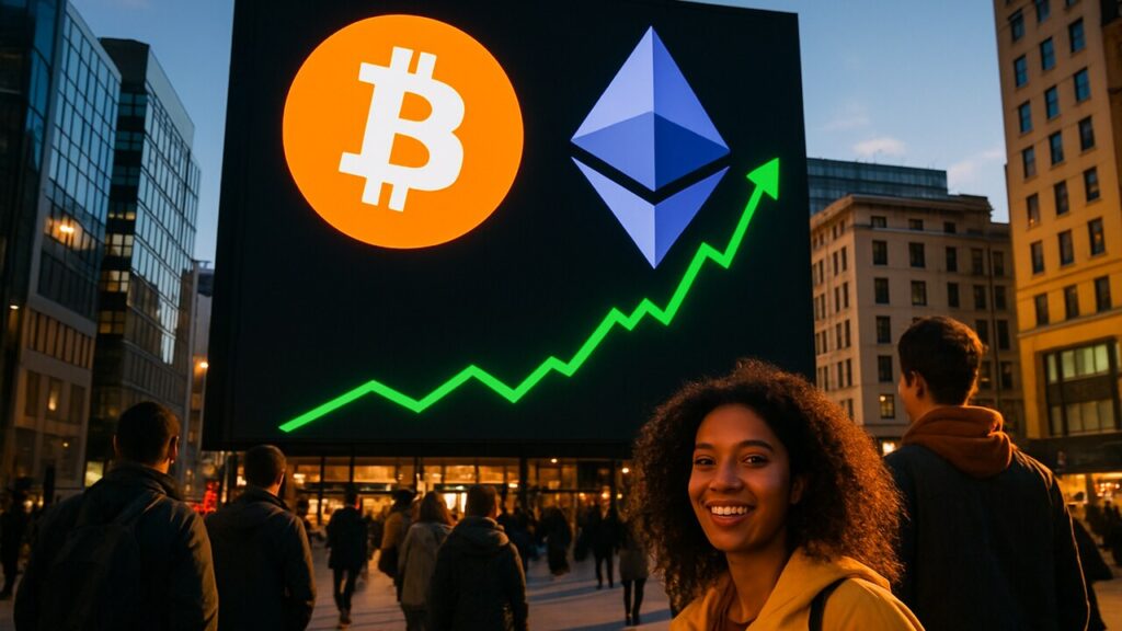 Groot digitaal reclamescherm op een stadsplein met de logo's van Bitcoin en Ethereum en stijgende groene koerslijnen