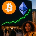 Groot digitaal reclamescherm op een stadsplein met de logo's van Bitcoin en Ethereum en stijgende groene koerslijnen