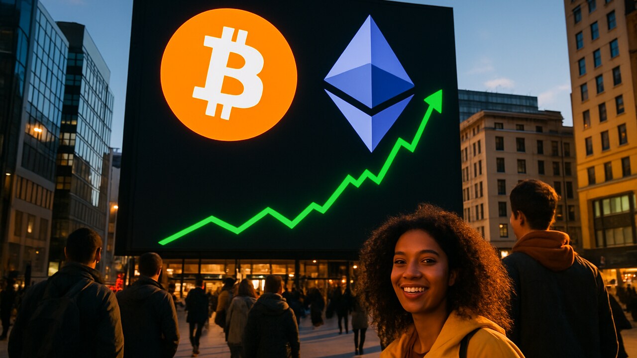 Groot digitaal reclamescherm op een stadsplein met de logo's van Bitcoin en Ethereum en stijgende groene koerslijnen
