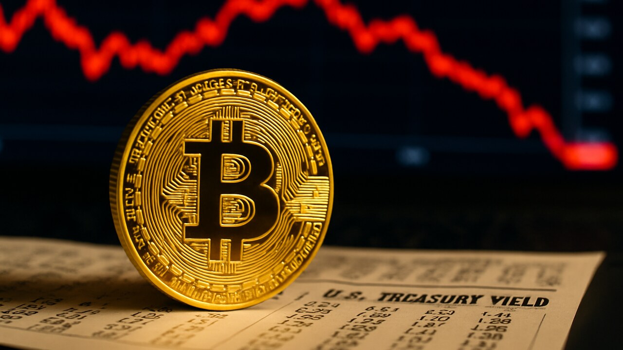 Fysieke Bitcoin-munt met op de achtergrond een rood dalende koersgrafiek