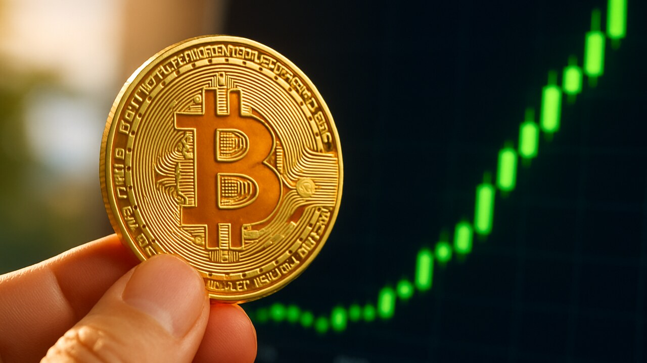 Bitcoin-munt met oranje logo voor een groen stijgende koersgrafiek
