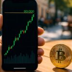 Smartphone met stijgende groene Bitcoin-grafiek richting 80.000 dollar en een gouden Bitcoin-munt op tafel