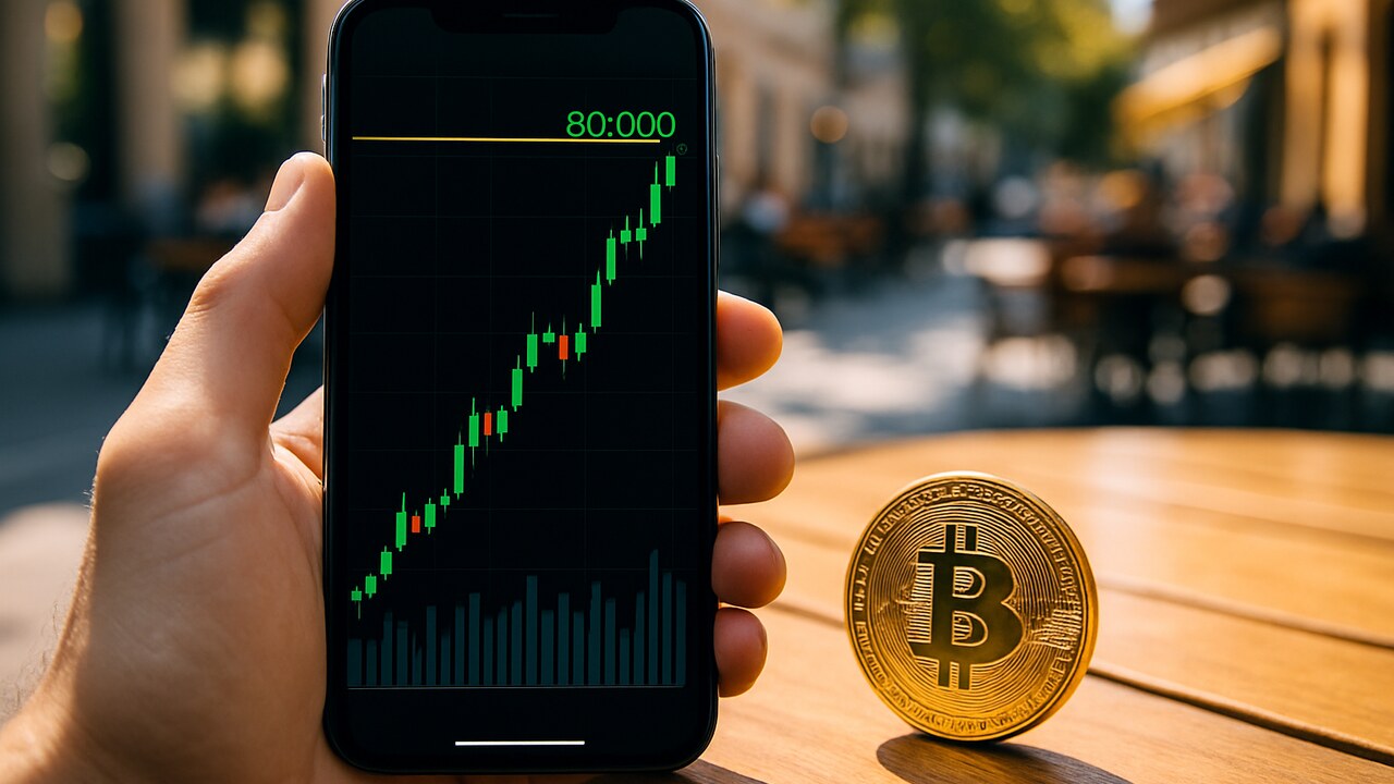 Smartphone met stijgende groene Bitcoin-grafiek richting 80.000 dollar en een gouden Bitcoin-munt op tafel