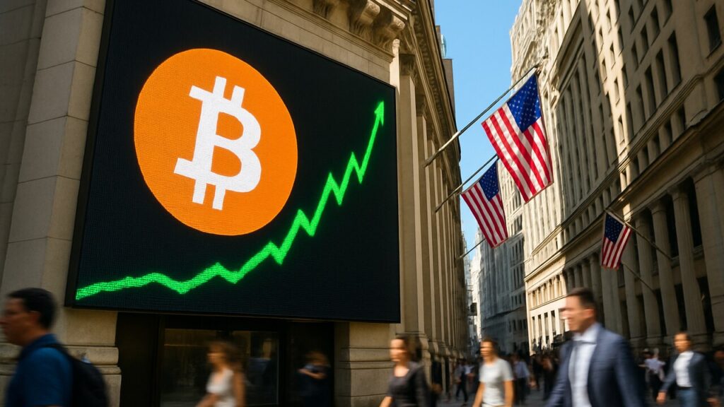 Groot digitaal koersbord met Bitcoin-logo en stijgende groene lijn in een zonnige straat bij Wall Street