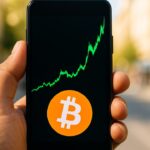 Smartphone met een stijgende groene Bitcoin-koersgrafiek tegen een heldere stadsachtergrond