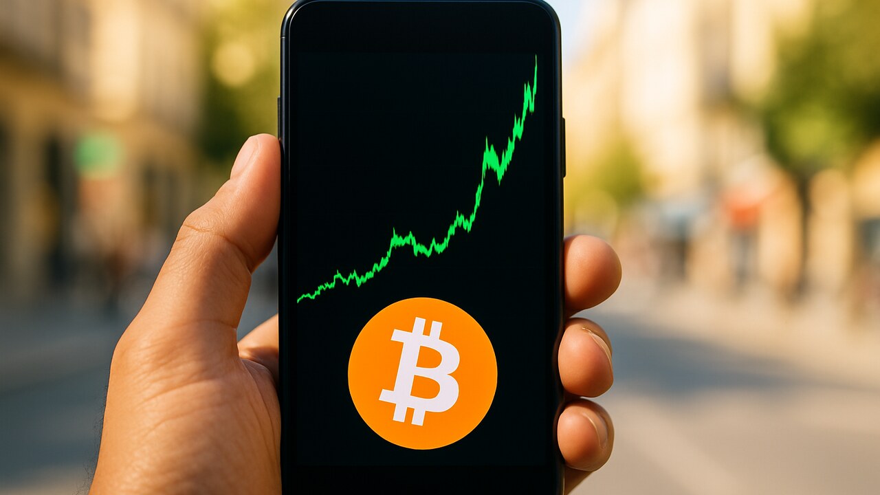 Smartphone met een stijgende groene Bitcoin-koersgrafiek tegen een heldere stadsachtergrond