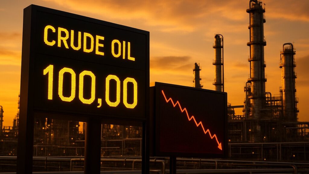Olieraffinaderij met een prijsbord richting 100 dollar en een rode dalende koersgrafiek