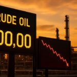 Olieraffinaderij met een prijsbord richting 100 dollar en een rode dalende koersgrafiek