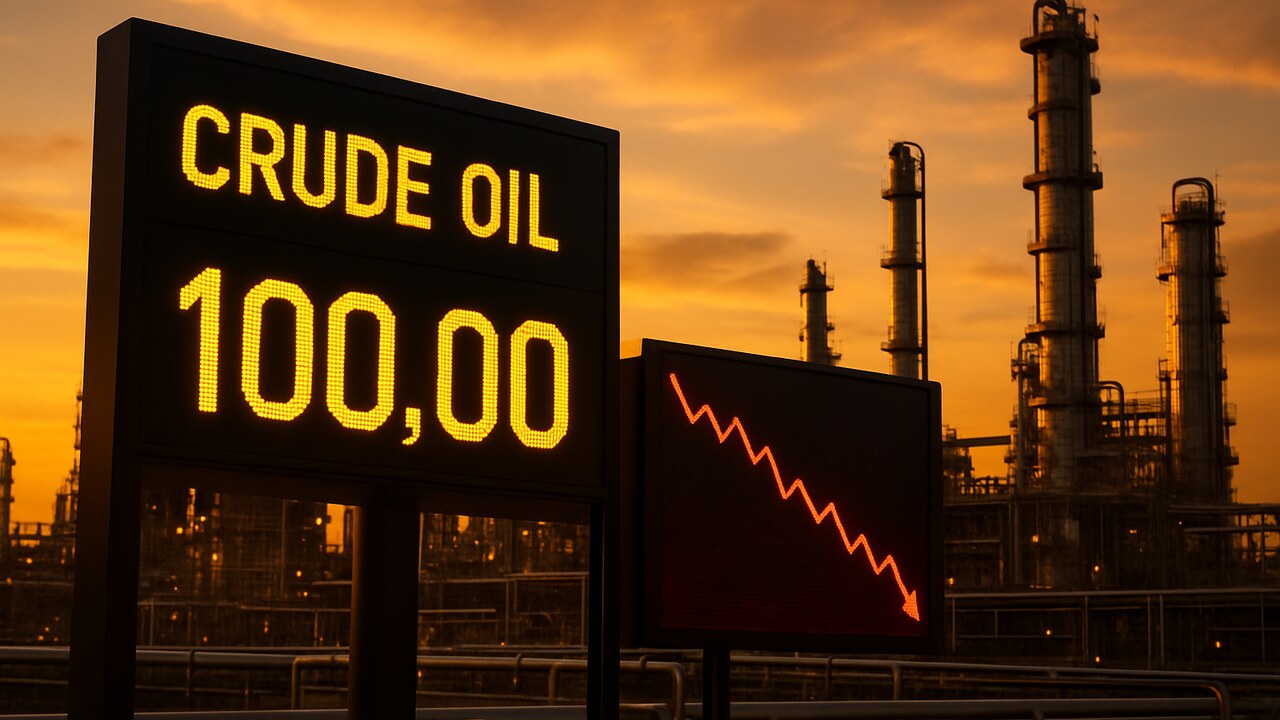 Olieraffinaderij met een prijsbord richting 100 dollar en een rode dalende koersgrafiek