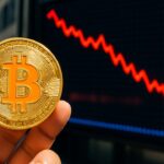 Een Bitcoin-munt voor een beursscherm met een dalende rode koerslijn