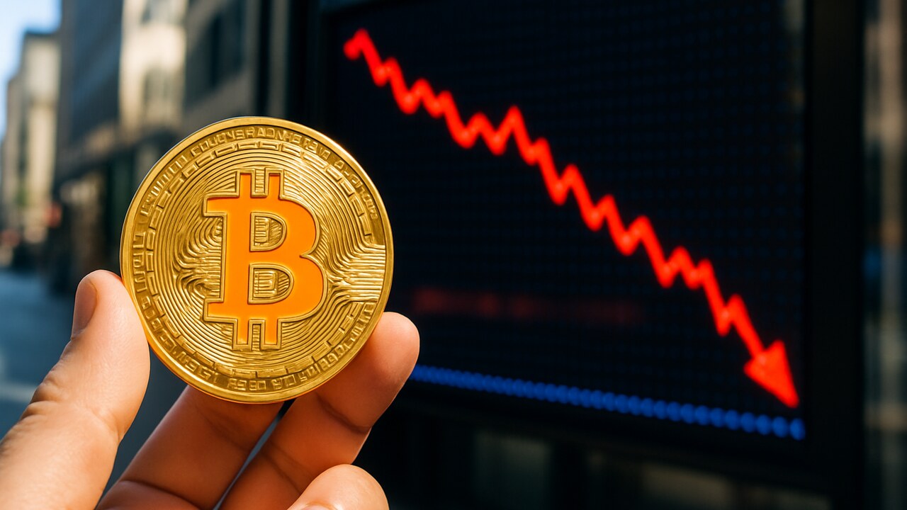 Een Bitcoin-munt voor een beursscherm met een dalende rode koerslijn