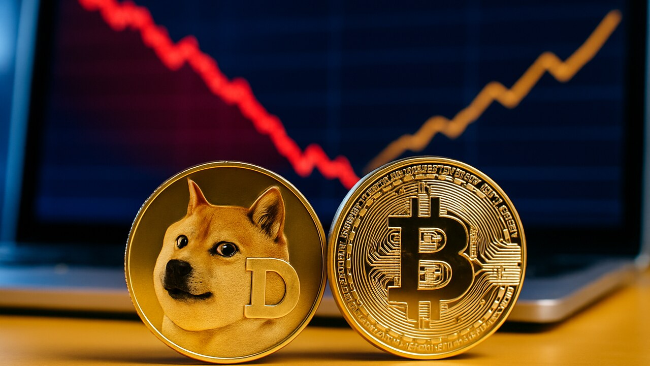 Fysieke Dogecoin en Bitcoin munt voor een scherm met een dalende rode koersgrafiek en stijgende rentelijn