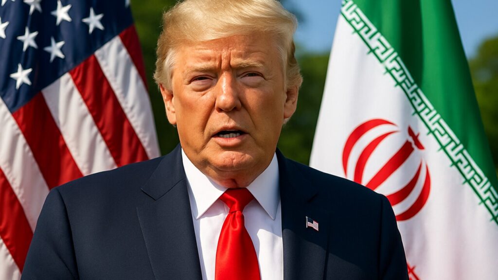 Donald Trump spreekt buiten bij het Witte Huis met de vlaggen van de Verenigde Staten en Iran op de achtergrond