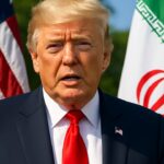 Donald Trump spreekt buiten bij het Witte Huis met de vlaggen van de Verenigde Staten en Iran op de achtergrond
