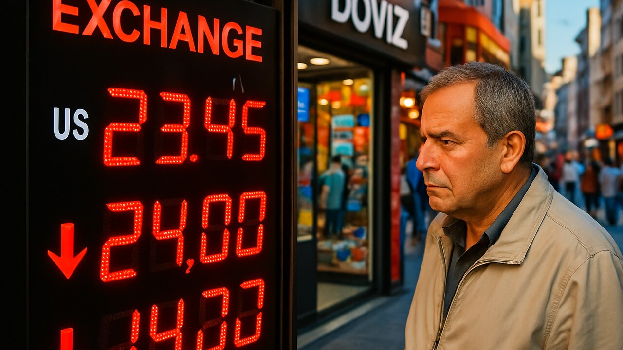 Wisselkantoor in Istanbul met een koersbord waarop de Turkse lira scherp daalt tegen de dollar