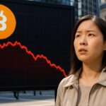 Rode dalende Bitcoin-grafiek op een groot beursscherm met een verontruste voorbijganger