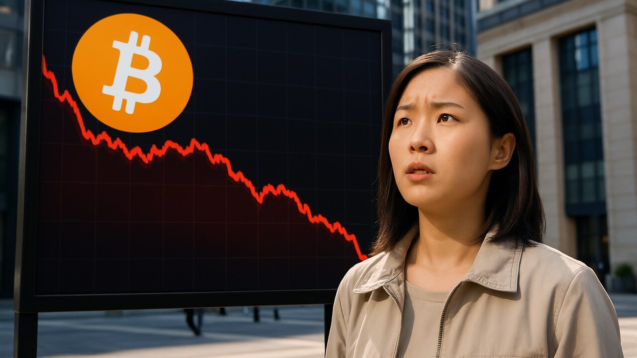 Rode dalende Bitcoin-grafiek op een groot beursscherm met een verontruste voorbijganger