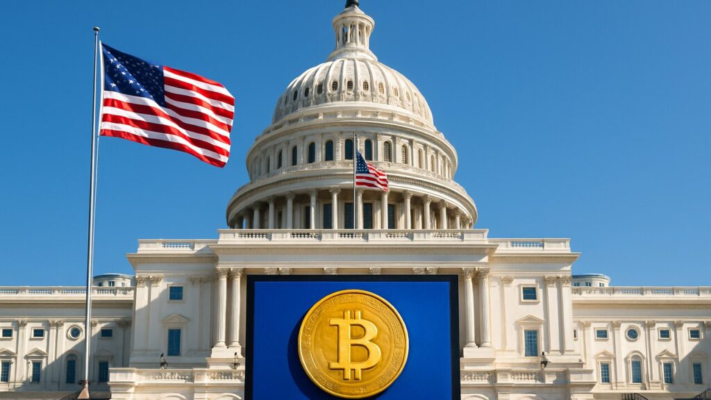Het Amerikaanse Capitool met de Amerikaanse vlag en een Bitcoin-logo op de voorgrond