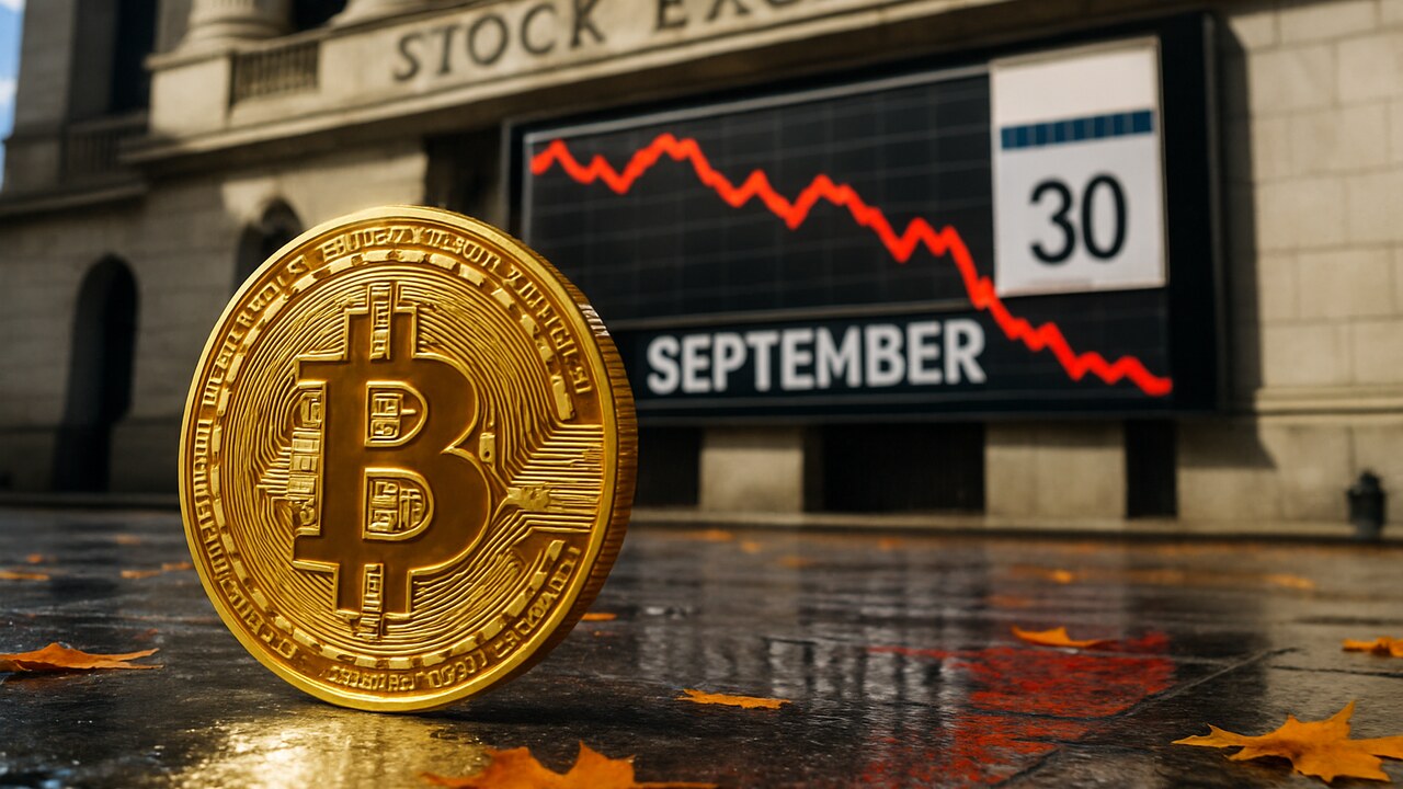 Fysieke Bitcoin-munt voor een beursgevel met rode dalende koersen en een septemberkalender